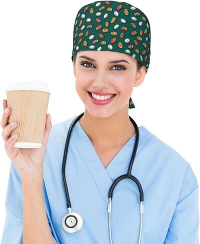 Multicolor Football Dark Green Print Scrub Caps Women Men, Nurse Cap Surgical Caps Scrub Hats for Women Men, Adjustable Working Cap with Sweatband in Kuwait