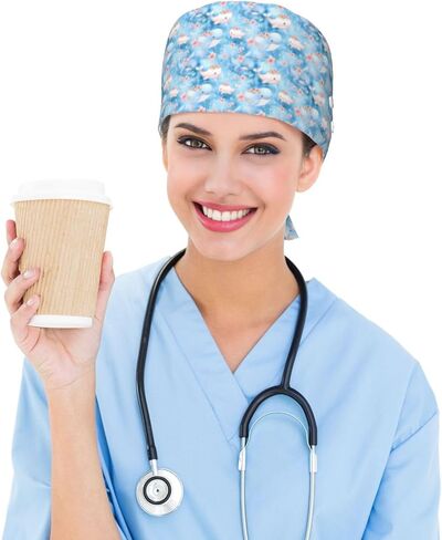 لطيف زهرة الحوت طباعة قبعات فرك النساء الرجال، قابل للتعديل قبعة ممرضة الجراحية قبعات فرك القبعات للنساء الرجال، قبعة العمل مع أزرار لتعليق أقنعة الوجه الأسود in Kuwait