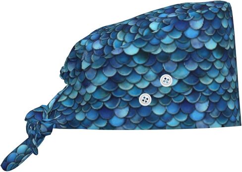 Deep Blue Fish Scale Print Scrub Caps Women Men, Adjustable Nurse Cap Surgical Caps Scrub Hats for Women Men, Working Cap with Buttons for Hanging Face Masks in Kuwait