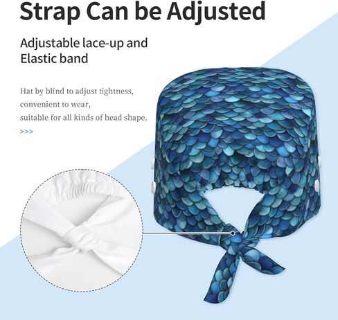 Deep Blue Fish Scale Print Scrub Caps Women Men, Adjustable Nurse Cap Surgical Caps Scrub Hats for Women Men, Working Cap with Buttons for Hanging Face Masks in Kuwait