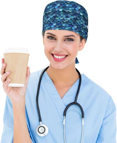 Deep Blue Fish Scale Print Scrub Caps Women Men, Adjustable Nurse Cap Surgical Caps Scrub Hats for Women Men, Working Cap with Buttons for Hanging Face Masks in Kuwait