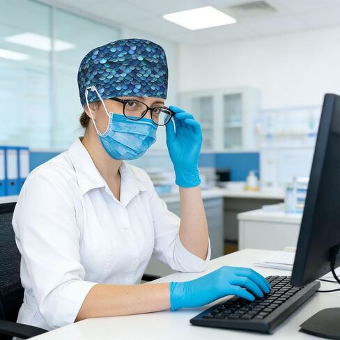 Deep Blue Fish Scale Print Scrub Caps Women Men, Adjustable Nurse Cap Surgical Caps Scrub Hats for Women Men, Working Cap with Buttons for Hanging Face Masks in Kuwait