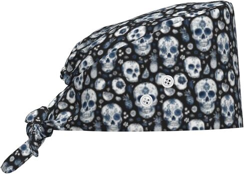 Tropical Blue White Skull Print Scrub Caps Women Men, Adjustable Nurse Cap Surgical Caps Scrub Hats for Women Men, Working Cap with Buttons for Hanging Face Masks in Kuwait