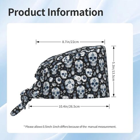Tropical Blue White Skull Print Scrub Caps Women Men, Adjustable Nurse Cap Surgical Caps Scrub Hats for Women Men, Working Cap with Buttons for Hanging Face Masks in Kuwait