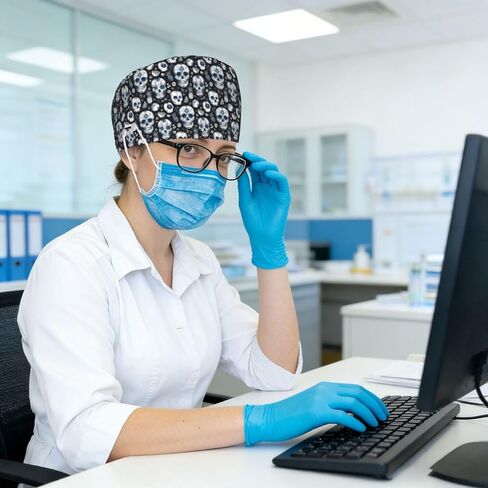 Tropical Blue White Skull Print Scrub Caps Women Men, Adjustable Nurse Cap Surgical Caps Scrub Hats for Women Men, Working Cap with Buttons for Hanging Face Masks in Kuwait