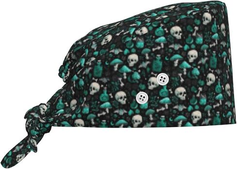 Gothic Green Skull Mushroom Print Scrub Caps Women Men, Adjustable Nurse Cap Surgical Caps Scrub Hats for Women Men, Working Cap with Buttons for Hanging Face Masks in Kuwait