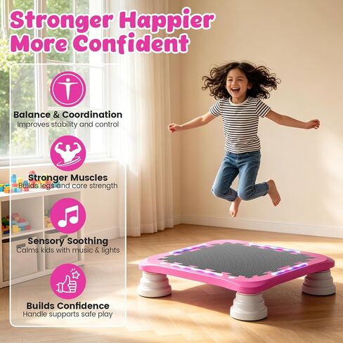 3-in-1 Mini Trampoline for Kids with Music & Lights, Indoor Outdoor Bounce Board, Removable Safety Handle, Sensory Balance Trainer, Non-Slip Base, Ages 3-12, Max 220 lbs in Kuwait