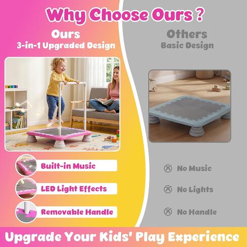 3-in-1 Mini Trampoline for Kids with Music & Lights, Indoor Outdoor Bounce Board, Removable Safety Handle, Sensory Balance Trainer, Non-Slip Base, Ages 3-12, Max 220 lbs in Kuwait