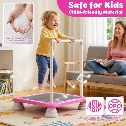3-in-1 Mini Trampoline for Kids with Music & Lights, Indoor Outdoor Bounce Board, Removable Safety Handle, Sensory Balance Trainer, Non-Slip Base, Ages 3-12, Max 220 lbs in Kuwait
