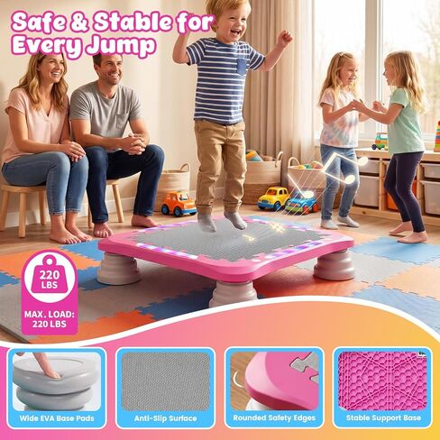 3-in-1 Mini Trampoline for Kids with Music & Lights, Indoor Outdoor Bounce Board, Removable Safety Handle, Sensory Balance Trainer, Non-Slip Base, Ages 3-12, Max 220 lbs in Kuwait