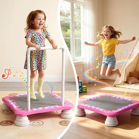 3-in-1 Mini Trampoline for Kids with Music & Lights, Indoor Outdoor Bounce Board, Removable Safety Handle, Sensory Balance Trainer, Non-Slip Base, Ages 3-12, Max 220 lbs in Kuwait