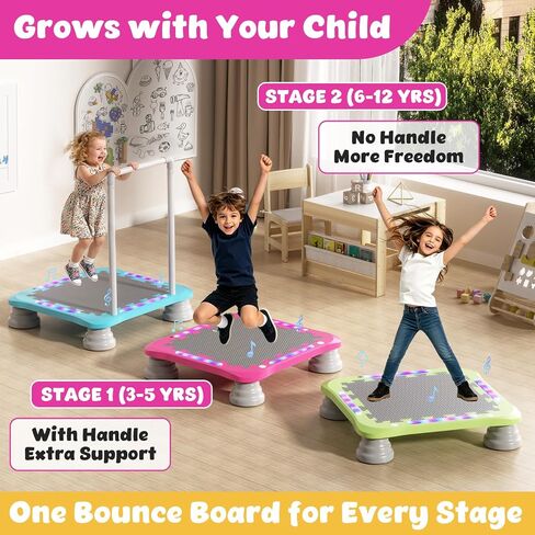 3-in-1 Mini Trampoline for Kids with Music & Lights, Indoor Outdoor Bounce Board, Removable Safety Handle, Sensory Balance Trainer, Non-Slip Base, Ages 3-12, Max 220 lbs in Kuwait