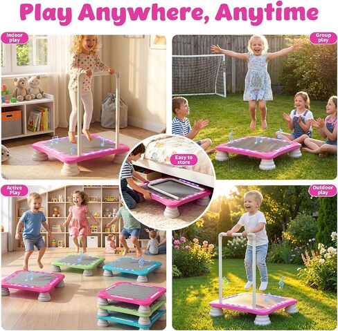 3-in-1 Mini Trampoline for Kids with Music & Lights, Indoor Outdoor Bounce Board, Removable Safety Handle, Sensory Balance Trainer, Non-Slip Base, Ages 3-12, Max 220 lbs in Kuwait