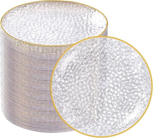 Rubtlamp 100 Pack Clear Gold Plastic Dessert Plates, 6Inch Clear Gold Small Appetizer Plates With Hammered, Heavy Duty Disposable Salad Plate, Elegant Cake Platos for Wedding, Birthday, Teatime in Kuwait