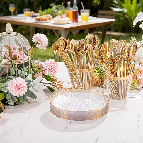 Rubtlamp 100 Pack Clear Gold Plastic Dessert Plates, 6Inch Clear Gold Small Appetizer Plates With Hammered, Heavy Duty Disposable Salad Plate, Elegant Cake Platos for Wedding, Birthday, Teatime in Kuwait