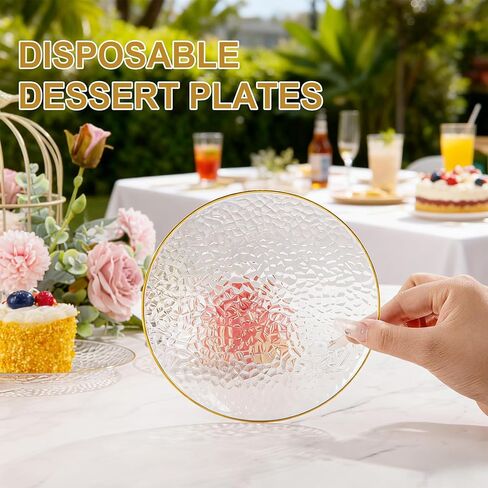 Rubtlamp 100 Pack Clear Gold Plastic Dessert Plates, 6Inch Clear Gold Small Appetizer Plates With Hammered, Heavy Duty Disposable Salad Plate, Elegant Cake Platos for Wedding, Birthday, Teatime in Kuwait