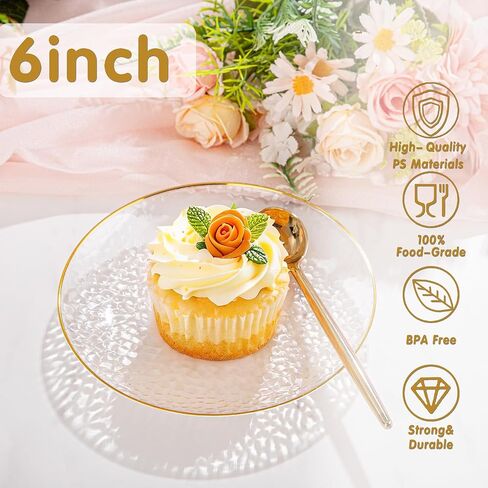 Rubtlamp 100 Pack Clear Gold Plastic Dessert Plates, 6Inch Clear Gold Small Appetizer Plates With Hammered, Heavy Duty Disposable Salad Plate, Elegant Cake Platos for Wedding, Birthday, Teatime in Kuwait
