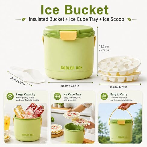 QMUNLLO 2.6L / 2.7QT Dual-Wall Insulated Ice Bucket with Silicone Lid, Spoon & 40-Cube Double-Layer Ice Tray, Keep Ice Frozen Longer, Ideal for Outdoor Events, Parties & Cocktail Bars(Green) in Kuwait