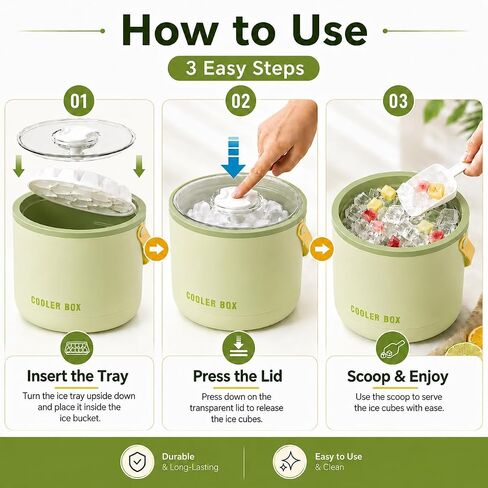 QMUNLLO 2.6L / 2.7QT Dual-Wall Insulated Ice Bucket with Silicone Lid, Spoon & 40-Cube Double-Layer Ice Tray, Keep Ice Frozen Longer, Ideal for Outdoor Events, Parties & Cocktail Bars(Green) in Kuwait
