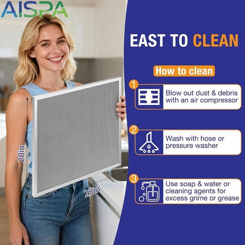فلتر هواء 20x25x1، ميرف 11، عبوتان | قابل للغسل وإعادة الاستخدام، إطار من سبائك الألومنيوم، شبكة من النايلون، فلتر للفرن in Kuwait