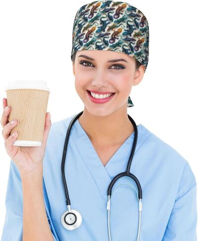 Tropical Blue Gold Lizard Print Scrub Caps Women Men, Nurse Cap Surgical Caps Scrub Hats for Women Men, Adjustable Working Cap with Sweatband in Kuwait