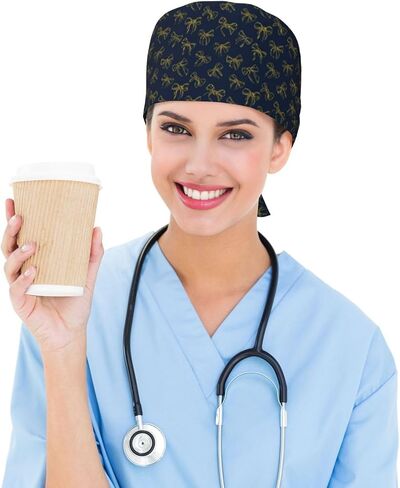Classic Navy Yellow Bow Print Scrub Caps Women Men, Nurse Cap Surgical Caps Scrub Hats for Women Men, Adjustable Working Cap with Sweatband in Kuwait