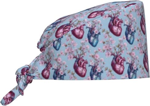 Vintage Pink Blue Heart Floral Print Scrub Caps Women Men, Nurse Cap Surgical Caps Scrub Hats for Women Men, Adjustable Working Cap with Sweatband in Kuwait