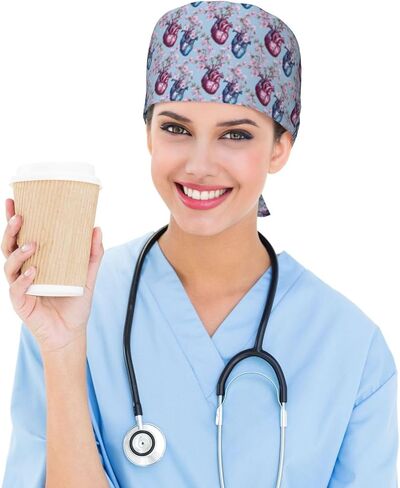 Vintage Pink Blue Heart Floral Print Scrub Caps Women Men, Nurse Cap Surgical Caps Scrub Hats for Women Men, Adjustable Working Cap with Sweatband in Kuwait