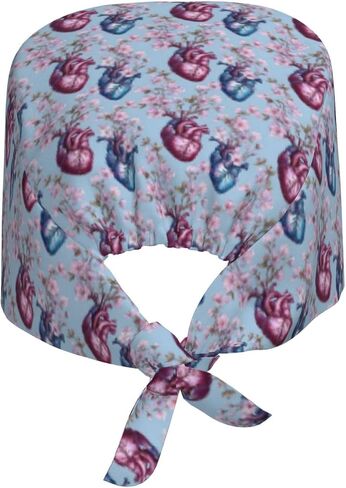 Vintage Pink Blue Heart Floral Print Scrub Caps Women Men, Nurse Cap Surgical Caps Scrub Hats for Women Men, Adjustable Working Cap with Sweatband in Kuwait