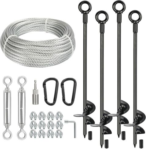 4 Pcs 30" Long Ground Anchors Shed Anchors Kit with 3/16" Galvanized Cable & Turnbuckles & Carabiners, Heavy Duty Earth Anchors for Sheds Trees Trampoline Greenhouse Swing Set Tent in Kuwait