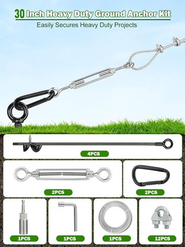 4 Pcs 30" Long Ground Anchors Shed Anchors Kit with 3/16" Galvanized Cable & Turnbuckles & Carabiners, Heavy Duty Earth Anchors for Sheds Trees Trampoline Greenhouse Swing Set Tent in Kuwait