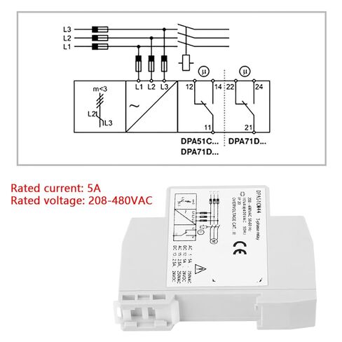 DPA51CM44 3 - Phase Monitoring Relay, Phase Sequence Protector, 208-480VAC for Motor Protection, Compact Three Phase Relay with Phase Loss and Sequence Detection in Kuwait