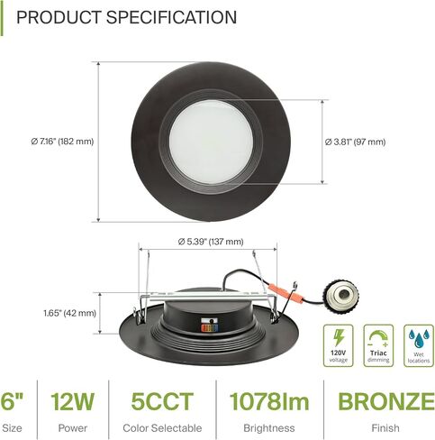 ASD 12 Pack Bronze Retrofit LED Recessed Lighting 6 Inch - 12W 2700K-5000K 1078LM Can Lights for Ceiling 6 Inch, Dimmable Bronze Recessed Lights, Baffle Trim Wet Rated Wafer Lights, ETL, Energy Star in Kuwait