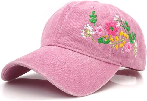 Baseball Cap for Women Floral Embroidered Washed Cotton Hats in Kuwait