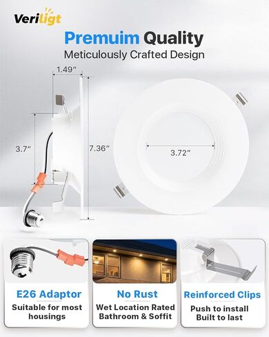 6 عبوات من مصابيح LED التحديثية مقاس 5/6 بوصة، ألوان 2700K-5000K 5CCT، إضاءة غائرة قابلة للتعتيم مع حواف حاجزة، 1000LM، 9W = 110W، تصنيف رطب، IC & ETL & FCC معتمد in Kuwait