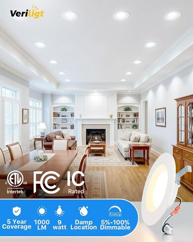 6 عبوات من مصابيح LED التحديثية مقاس 5/6 بوصة، ألوان 2700K-5000K 5CCT، إضاءة غائرة قابلة للتعتيم مع حواف حاجزة، 1000LM، 9W = 110W، تصنيف رطب، IC & ETL & FCC معتمد in Kuwait