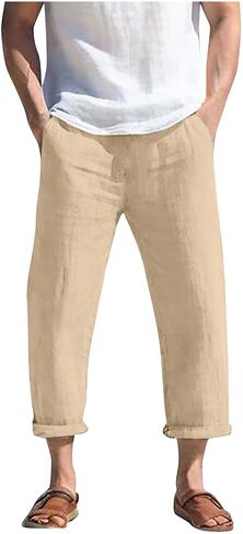 Mens Linen Capri Pants Elastic Waist 3/4 Capris Summer Beach Casual Cropped Trousers with Pockets in Kuwait