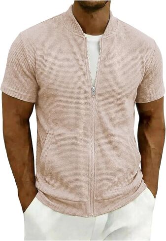 Men's Waffle Knit Full Zip Baseball Collar Short Sleeve Shirts Summer Lightweight Casual Cardigans Tops with Pockets in Kuwait