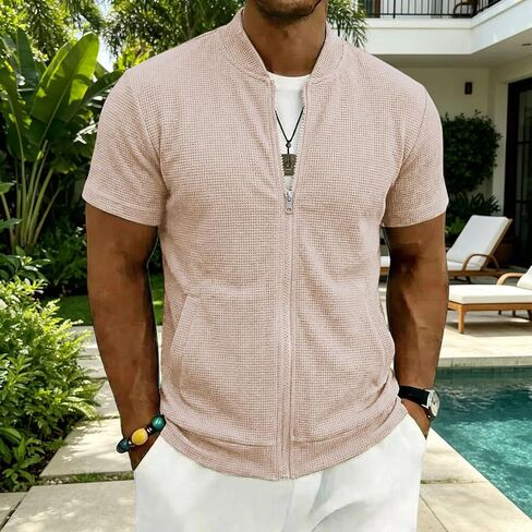 Men's Waffle Knit Full Zip Baseball Collar Short Sleeve Shirts Summer Lightweight Casual Cardigans Tops with Pockets in Kuwait
