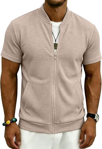 Men's Waffle Knit Full Zip Baseball Collar Short Sleeve Shirts Summer Lightweight Casual Cardigans Tops with Pockets in Kuwait