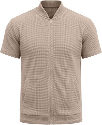 Men's Waffle Knit Full Zip Baseball Collar Short Sleeve Shirts Summer Lightweight Casual Cardigans Tops with Pockets in Kuwait