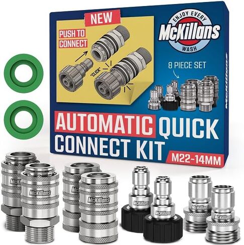 مجموعة التوصيل السريع لغسالة الضغط الأوتوماتيكية McKillans® 2025 M22-14mm - تركيبات غسالة الضغط سريعة التوصيل M22 إلى 3/8 - ملحقات غسالة الطاقة - مجموعة محول الخرطوم - مجموعة مكونة من 8 قطع (الفولاذ المقاوم للصدأ) in Kuwait