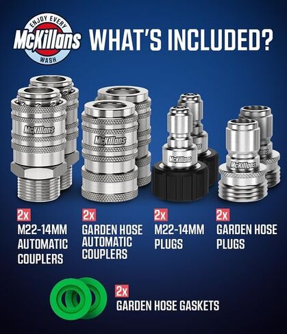مجموعة التوصيل السريع لغسالة الضغط الأوتوماتيكية McKillans® 2025 M22-14mm - تركيبات غسالة الضغط سريعة التوصيل M22 إلى 3/8 - ملحقات غسالة الطاقة - مجموعة محول الخرطوم - مجموعة مكونة من 8 قطع (الفولاذ المقاوم للصدأ) in Kuwait