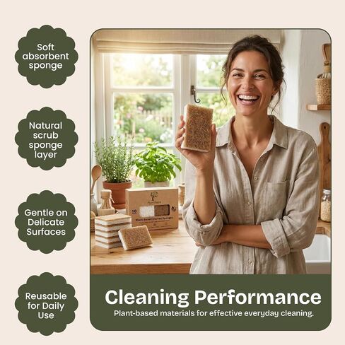 Kitchen Sponges 10 Pack - Natural Cellulose Sponge with Coconut Scrubber - Plant Based Sponges - Biodegradable Kitchen Sponge - Non-Scratch Sponges for Dishes - Eco Friendly Kitchen Sponges in Kuwait