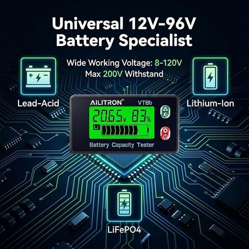 VT8 Battery Capacity Tester, 8V-120V Universal Digital Battery Monitor & DC Voltage Meter with LCD Display Percentage Indicator, Low Capacity Alarm for LiFePO4, Lithium, Lead-Acid, RV, Solar in Kuwait