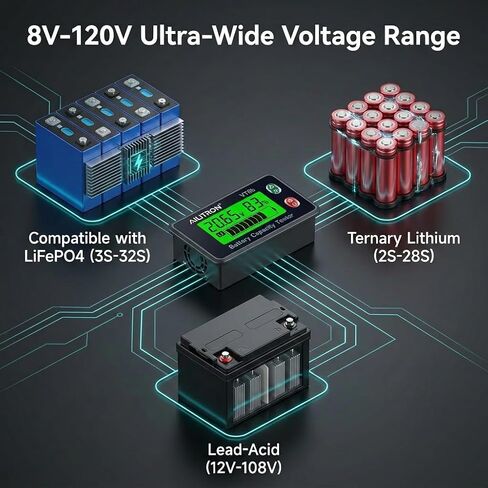 VT8 Battery Capacity Tester, 8V-120V Universal Digital Battery Monitor & DC Voltage Meter with LCD Display Percentage Indicator, Low Capacity Alarm for LiFePO4, Lithium, Lead-Acid, RV, Solar in Kuwait