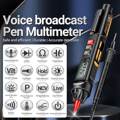 A3009 Mini Pen Multimeter with Voice Broadcast 6000 Counts Voltmeter VA Reverse LCD Display Flash NCV Tester for Vole Resistance acitance Temperature On/Off Diode Phase Sequence in Kuwait