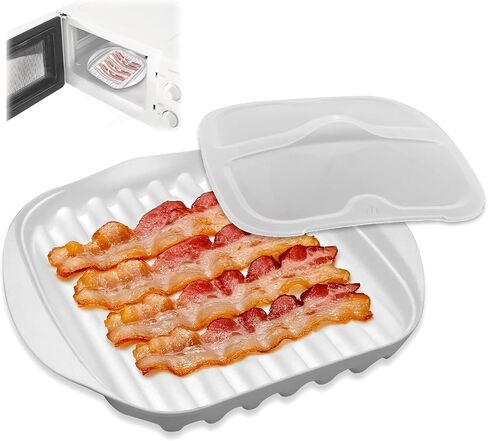 Microwave Bacon Tray With Lid, Microwave Bacon Cooker, Efficient Oil Draining Design For Healthier Crispy Bacon, Bacon Cooker For Microwave Oven, Microwave Bacon Tray For Tacos/Sausages/Hot Dogs in Kuwait
