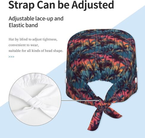 Sunset Palm Trees Print Scrub Caps Women Men, Adjustable Nurse Cap Surgical Caps Scrub Hats for Women Men, Working Cap with Buttons for Hanging Face Masks Black in Kuwait