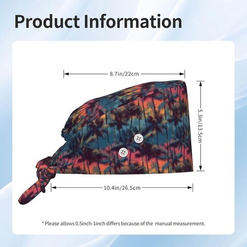 Sunset Palm Trees Print Scrub Caps Women Men, Adjustable Nurse Cap Surgical Caps Scrub Hats for Women Men, Working Cap with Buttons for Hanging Face Masks Black in Kuwait